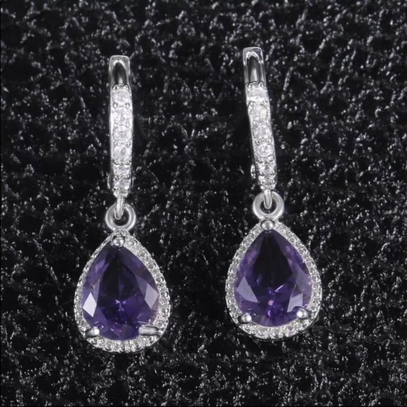 New 925 Silver Water Drop Royal Purple Earrings - Picture 3 of 5